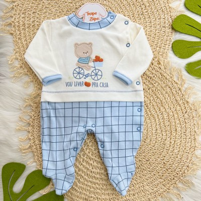 Macacão Malha Trape Zape - Vou Levar Maçãs Pra Casa - Off White e Azul Bebê
